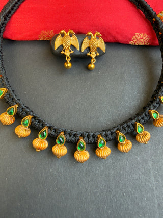 The Chaya Silver Black Thread Green Necklace & Earrings