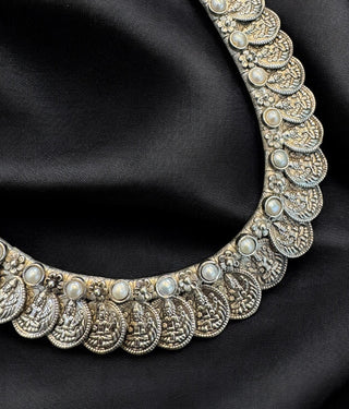 The Nimisha Silver Lakshmi Pearl Kasumala Necklace & Earrings