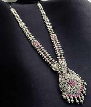 The Taraka Silver Long Filigree Peacock Necklace (Oxidised)