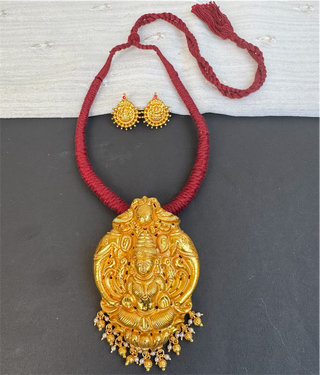 The Narayani Silver Lakshmi Thread Necklace (Maroon)
