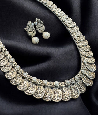 The Nimisha Silver Lakshmi Pearl Kasumala Necklace & Earrings