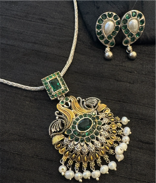 The Bhumija Nakshi Silver Peacock Necklace & Earrings (2 tone)