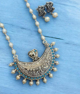 The Anavila Pearl & Turquoise Kokkethathi Silver Necklace & Earrings
