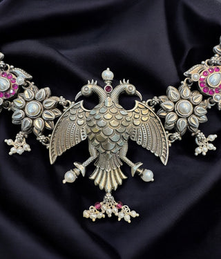 The Atyukti Silver Gandaberunda Pearl Necklace & Earrings (Oxidised)