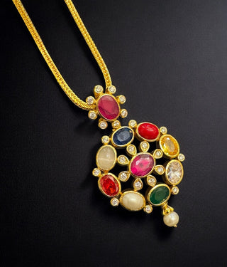 The Payal Silver Navratna Pendant & Earrings