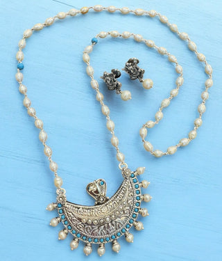 The Anavila Pearl & Turquoise Kokkethathi Silver Necklace & Earrings