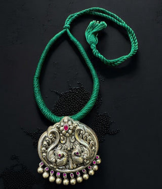 The Nrtu Silver Peacock Antique Nakkasi Thread Necklace (Green)