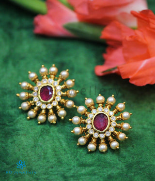 The Gajra Silver Ear-studs (Red/Pearl)