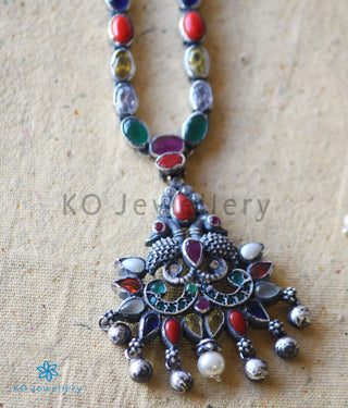 The Sraj Silver Navratna Necklace (Oxidised)