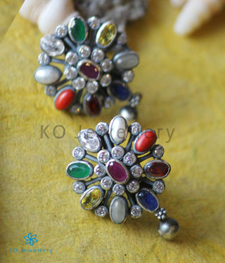 The Darshita Silver Navaratna Peacock Necklace(2 Layers/Oxidised)