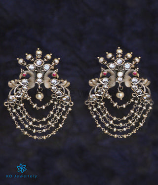 The Drishya Silver Peacock Earrings (Red/White;Oxidised)