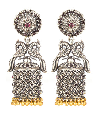 The Mayuraka Silver Peacock Jhumka (Two-tone)