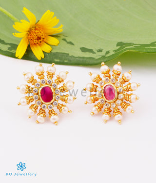The Gajra Silver Ear-studs (Red/Pearl)