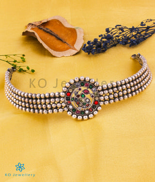 The Bhamini Silver Navratna Peacock Choker Necklace (Oxidised)