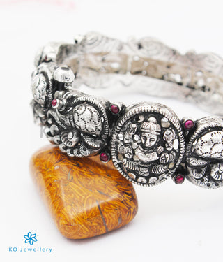 The Sindhura Silver Lakshmi Peacock Bracelet -Single (Oxidised/Size 2.2/2.4/2.6/2.8)