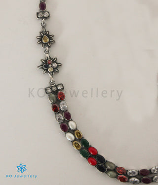 The Meghana Silver Navaratna  Necklace(2 Layers/Oxidised)